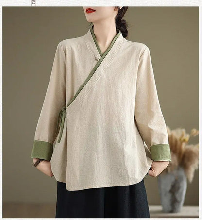 Womens Chinese Style Improved Hanfu Blouse Oblique V Neck Tie Side Contrast Trim Loose Cotton Linen Zen Tea Clothing Tops