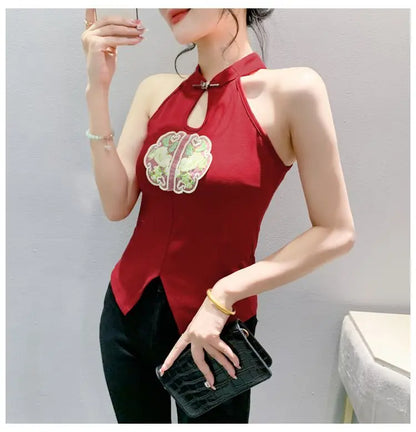 Chinese Style Embroidered Halterneck Vest Ladies Sleeveless Summer Wear Off-the-shoulder Small Suspender Chinese Slim Tank Top