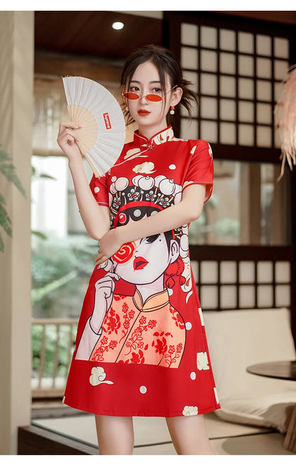 Chinese Traditional National Style Fashion Cartoon Printing Qipao Dress Summer Short Sleeve Elegant Modern Improved Cheongsam