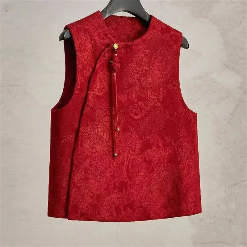 Chinese High-end Light National Style Cardigan Vest Coat in Spring and Summer Red Cashew Flower Round Neck New Year Vest Coat
