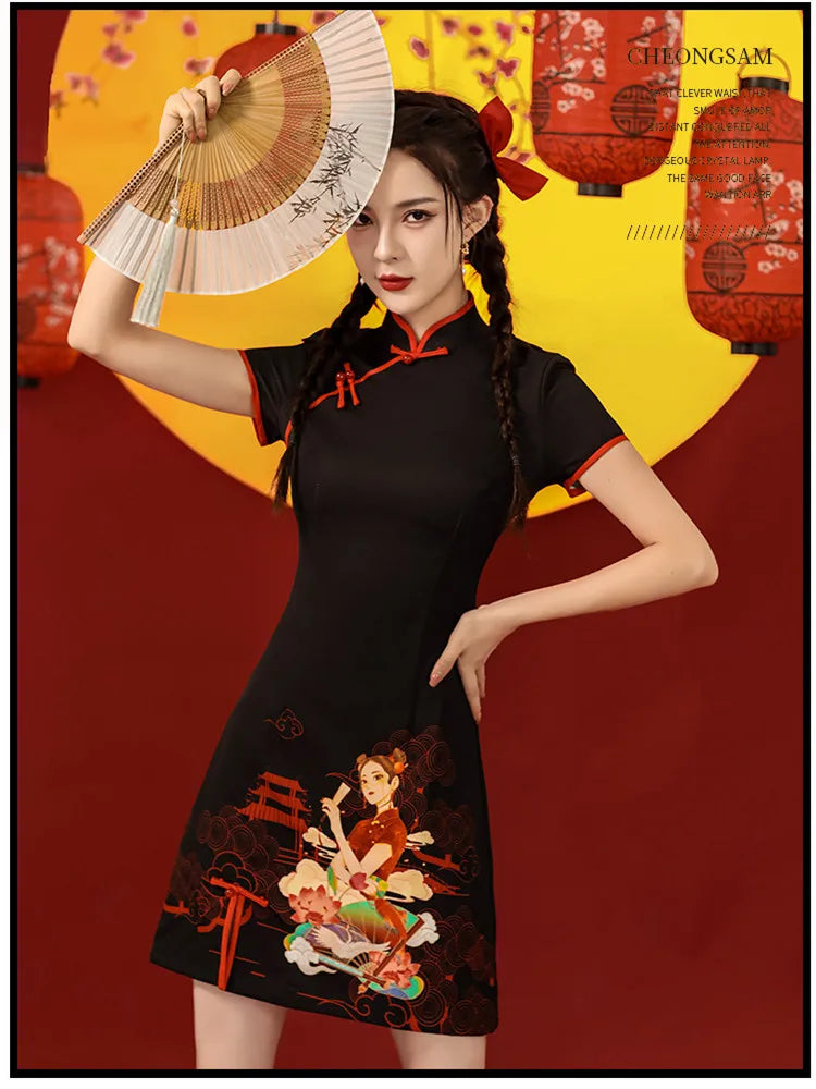 Niche Design Sense Chinese Style Printed Improved Qipao Y2K Vintage High Street Cheongsams Chinese Dress 치파오 китайское платье