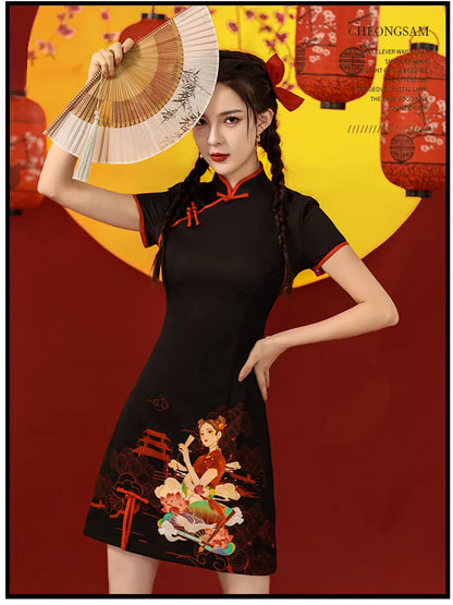 Niche Design Sense Chinese Style Printed Improved Qipao Y2K Vintage High Street Cheongsams Chinese Dress 치파오 китайское платье