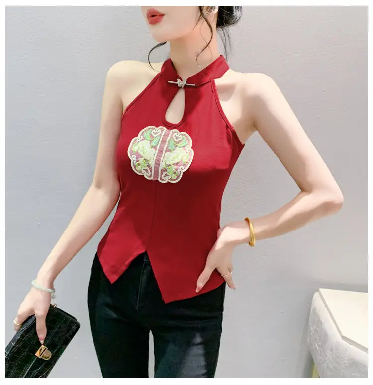 Chinese Style Embroidered Halterneck Vest Ladies Sleeveless Summer Wear Off-the-shoulder Small Suspender Chinese Slim Tank Top