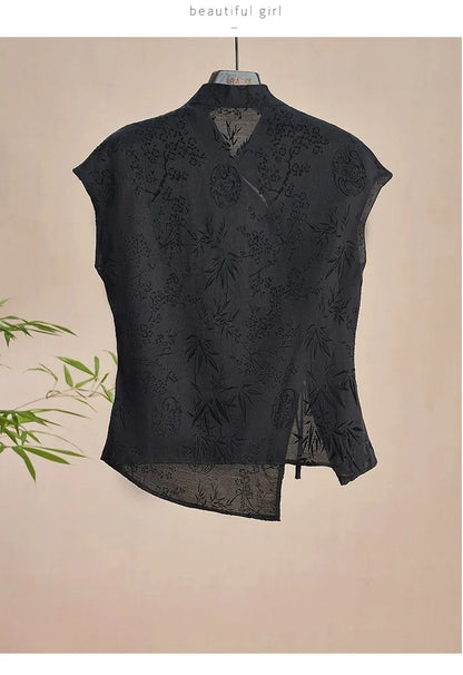 Retro Thin Shirt New Chinese Style Cheongsam Top Black Jacquard Short Sleeve T-shirt Summer Mature Fashion Women's Clothing