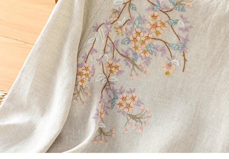 Chinese Style Women's Blouses Korean Embroidery Shirt FASHION Loose Spring/Summer Cotton Linen Clothing Three Quarter Women Tops