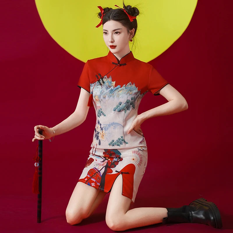 Women's Modern Cheongsam Dress - Red Retro Floral Print Qipao Modern Chic Chinese Style Party Dress