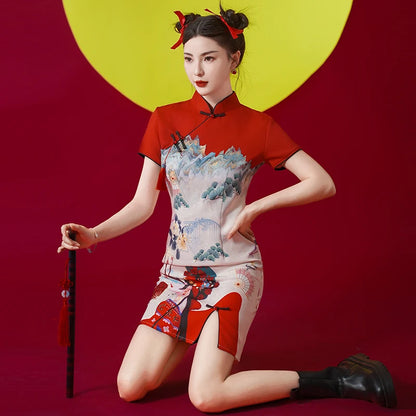 Women's Modern Cheongsam Dress - Red Retro Floral Print Qipao Modern Chic Chinese Style Party Dress