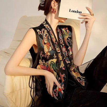 Oriental Vintage Tang Suit Women Vest Black Jacquard Heavy Phoenix Embroidery Organza Splicing Side Tie Sleeveless Waistcoat