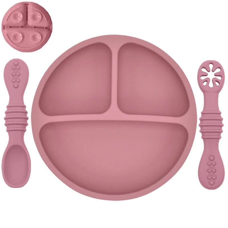 Silicone Baby Sucker Silicone Dining Plate Rice Spoon Set Cute Cartoon Children Dishes Smile Face Baby Tableware Retro Kid Bowl