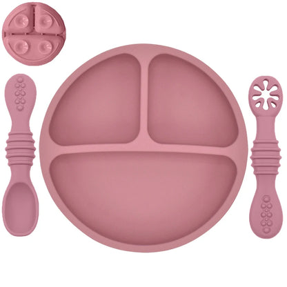 Silicone Baby Sucker Silicone Dining Plate Rice Spoon Set Cute Cartoon Children Dishes Smile Face Baby Tableware Retro Kid Bowl