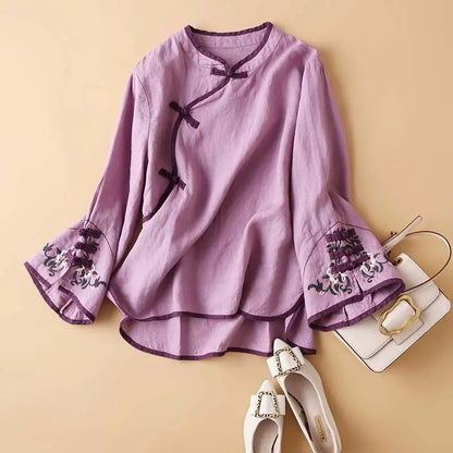 2023 Chinese Style Embroidery Blouse for Women  Summer O-neck Short Sleeve Cotton and  Linen traditional Tang suit Top