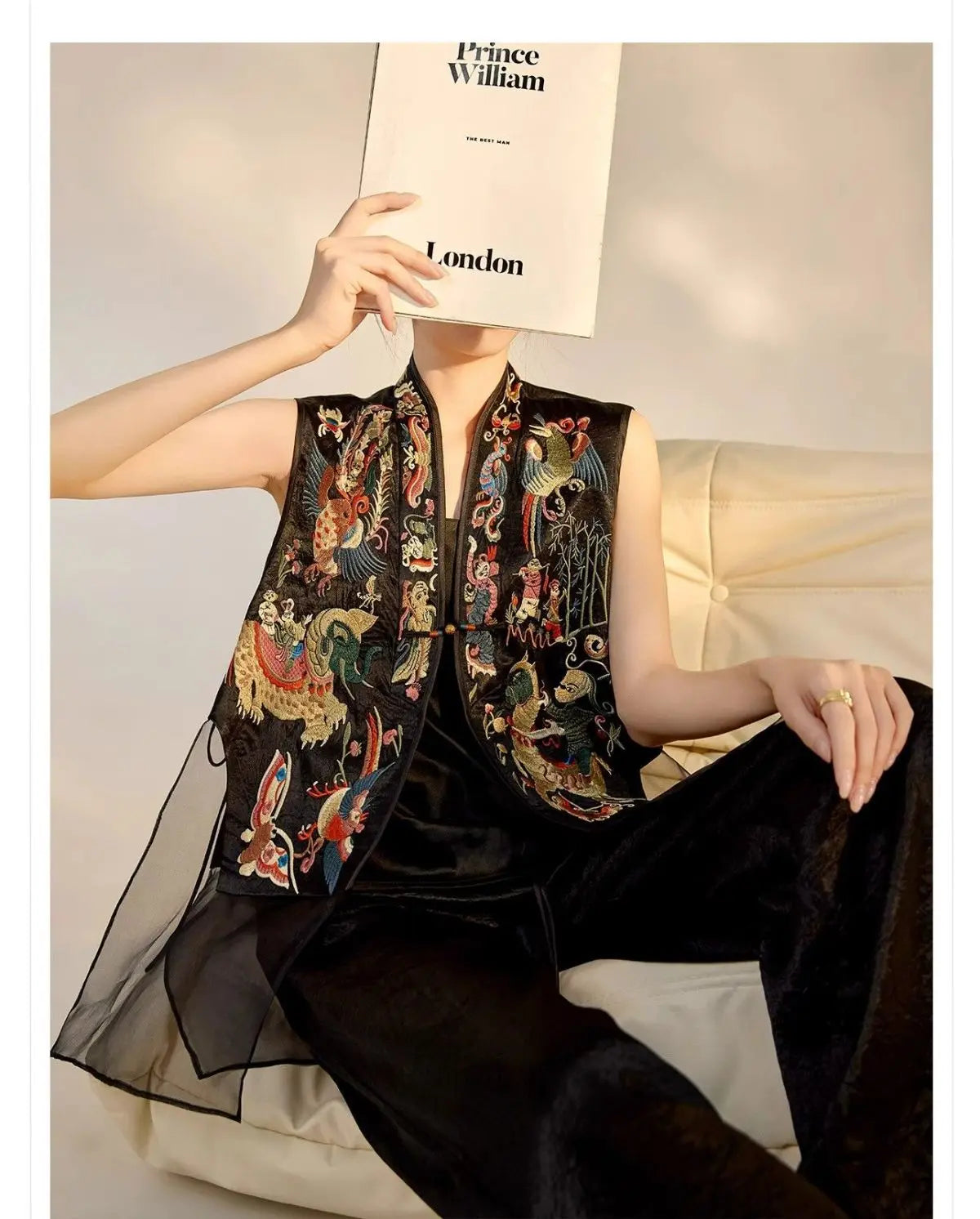 Oriental Vintage Tang Suit Women Vest Black Jacquard Heavy Phoenix Embroidery Organza Splicing Side Tie Sleeveless Waistcoat