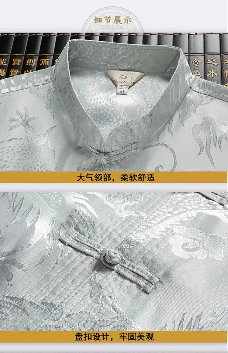 Chinese-style Men Short-sleeved Shirt, Summer Stand-up Collar Single-breasted Shirts, Decorated with Chinese Dragon Patterns.