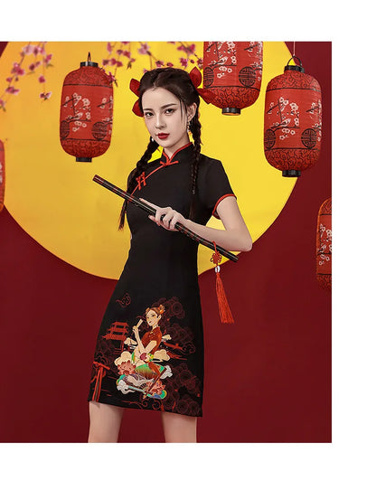 Niche Design Sense Chinese Style Printed Improved Qipao Y2K Vintage High Street Cheongsams Chinese Dress 치파오 китайское платье