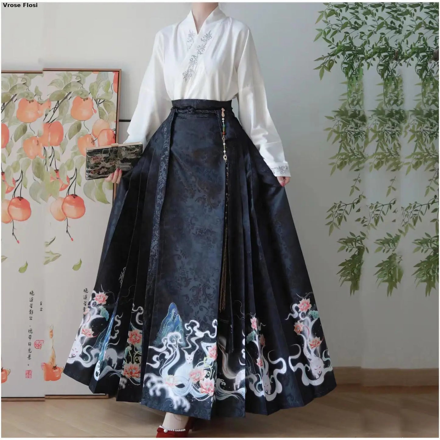Vintage Women Chinese Traditional Hanfu Cardigan Shirt + Blue Pleated Mamian Skirt Chinese Hot Hanfu Shirt Horse Face Skirt Set