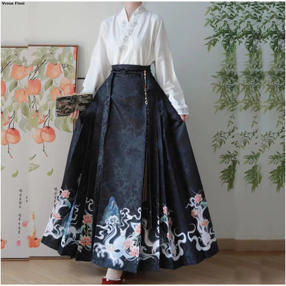 Vintage Women Chinese Traditional Hanfu Cardigan Shirt + Blue Pleated Mamian Skirt Chinese Hot Hanfu Shirt Horse Face Skirt Set