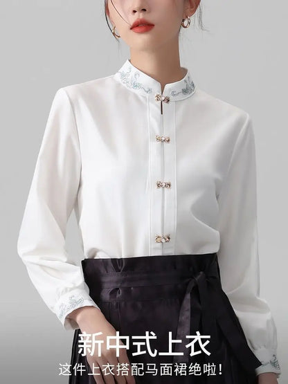 Chinese Style Standing Collar Long Sleeved Shirt for Early Spring Style with Embroidered Chinese Style Women's Clothing Inside