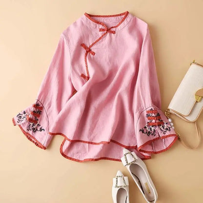 2023 Chinese Style Embroidery Blouse for Women  Summer O-neck Short Sleeve Cotton and  Linen traditional Tang suit Top