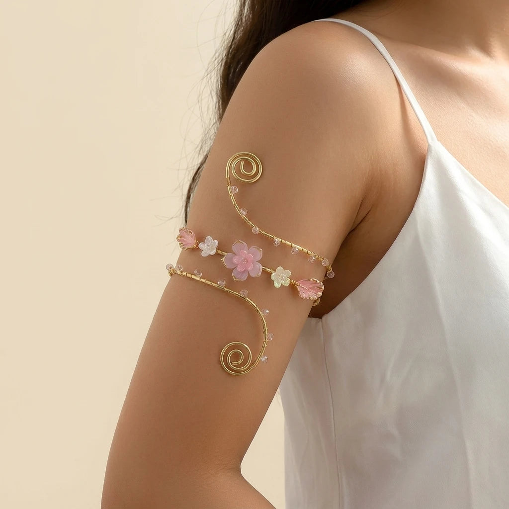 Elegant Gold Color Wire-Wrapped Upper Arm Cuff for Women Romantic Pink Iris Flower Armlet Bracelet Beach Party Charms Jewelry