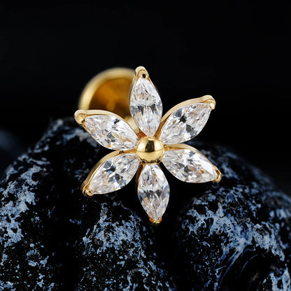 Right Grand ASTM F136 Titanium 16G Marquise Flower CZ Labret Stud Helix Conch Cartilage Tragus Flat Back Piercing Body jewelry