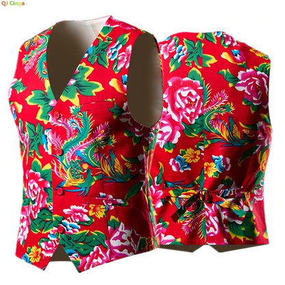 Chinese Style Large Flower Men's Vest - Trendy Printed Slim Fit Vest, Suitable for Both Festive Performances and Daily Wear