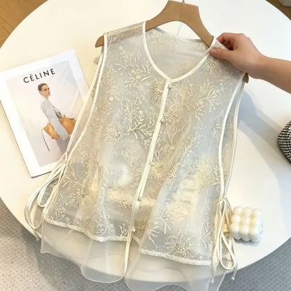 Fashion Chinese Style Embroidered Vest Women's Spring and Summer Yarn Thin Round Neck tie Sleeveless Loose Vest  Jacket Coat New