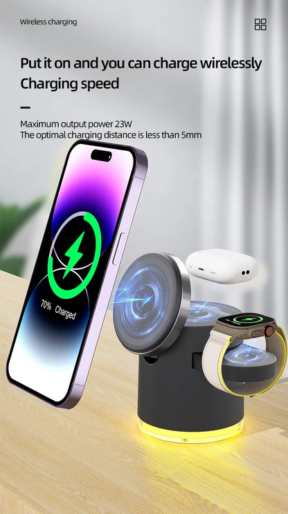 4 in 1 QI2 Wireless Charger Fast Charging Dock Stand Night Light For Magsafe iPhone 16 15 14 Pro Max Airpods Pro 2-8 Apple Watch