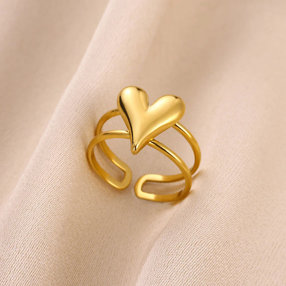 Stainless Steel Flower Open Rings For Women Trend Wedding Heart Jewelry Gold Color Geometric Hollow Ring Daily Accessories Gift