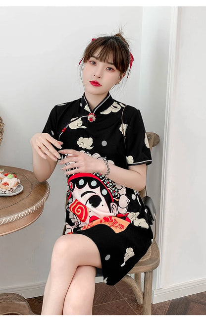 Chinese Traditional National Style Fashion Cartoon Printing Qipao Dress Summer Short Sleeve Elegant Modern Improved Cheongsam