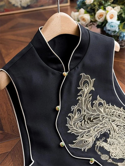 Women's Vest Women's Jackets Chinese Style Golden Phoenix Embroidered Spring and Autumn Vest Women's Single-breasted Vest Coat