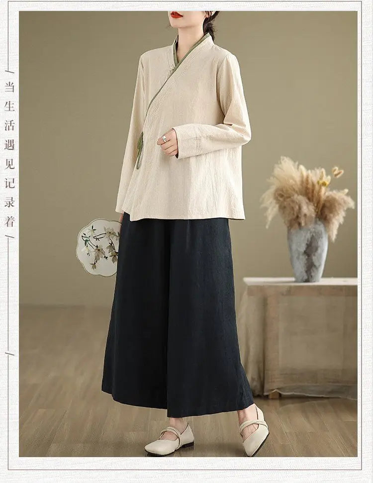Womens Chinese Style Improved Hanfu Blouse Oblique V Neck Tie Side Contrast Trim Loose Cotton Linen Zen Tea Clothing Tops