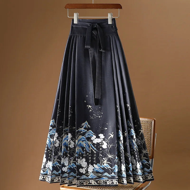 Vintage Maxi Chinese Style Horse Face Skirts for Women Saia One-piece Long Hanfu Pleated Skirt Woman Clothing Faldas Harajuku