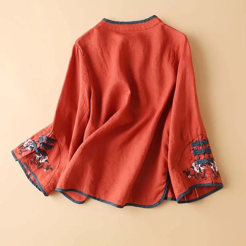 2023 Chinese Style Embroidery Blouse for Women  Summer O-neck Short Sleeve Cotton and  Linen traditional Tang suit Top