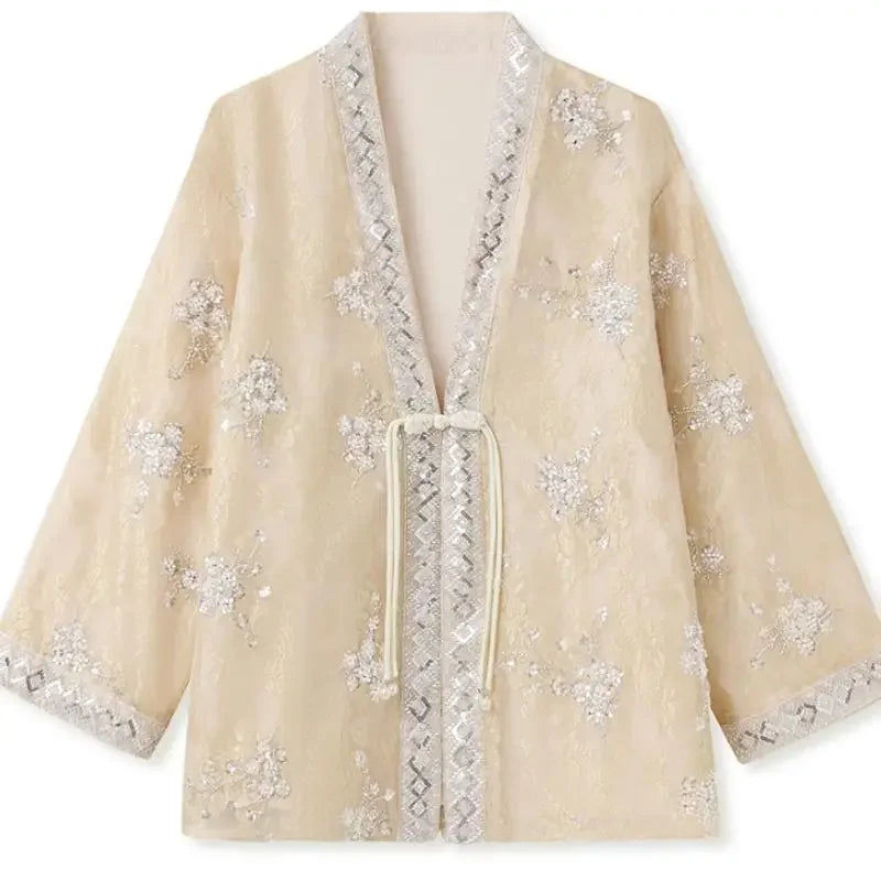 Chinese Style Tang Clothes Sequin Embroidery Hanfu Vintage Mandarin Collar Jacket Lady Elegant Tops Autumn Spring Outwear