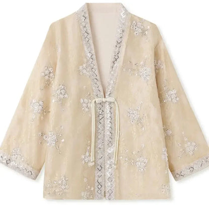 Chinese Style Tang Clothes Sequin Embroidery Hanfu Vintage Mandarin Collar Jacket Lady Elegant Tops Autumn Spring Outwear