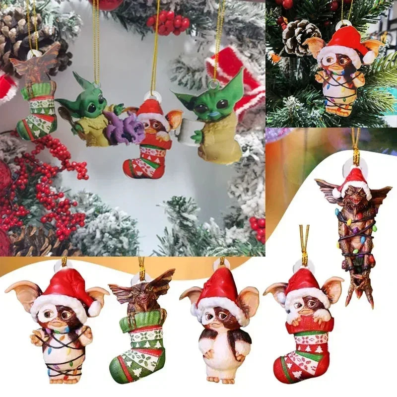 New 2D Christmas Gremlins Ornament Fairy Light Santa Hat Gizmo Figurine Hanging Pendant Decor Christmas Tree Party Acesssories