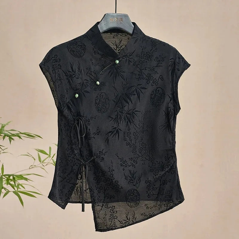 French new Chinese style cheongsam top satin jacquard shoulder short-sleeved T-shirt women new summer retro