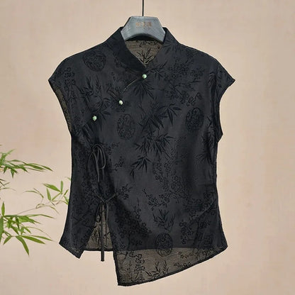 French new Chinese style cheongsam top satin jacquard shoulder short-sleeved T-shirt women new summer retro