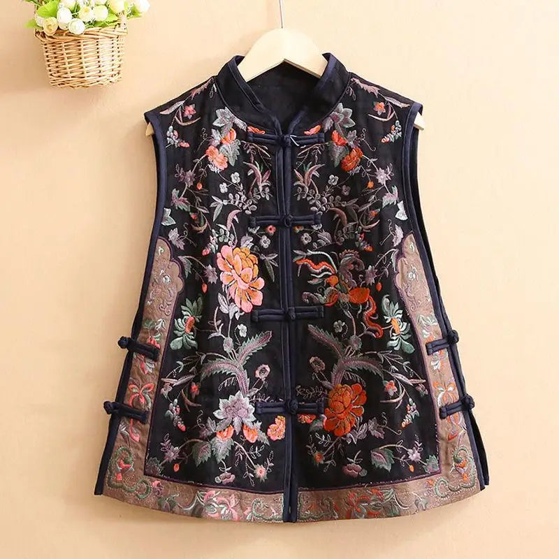 2026 chinese vintage vest national flower embroidery cotton linen folk vest traditional hanfu tops ethnic stand collar vest