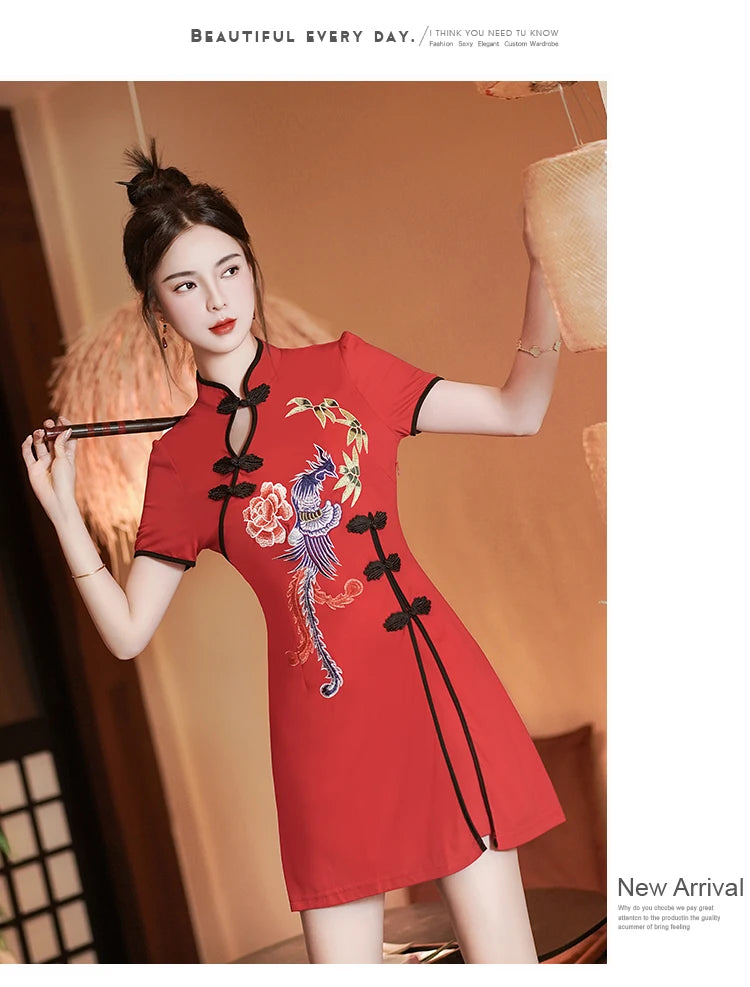 Two Piece Summer Young Red Qipao Chinese Style Retro New Phoenix Embroidery Short Cheongsam New Year CNY