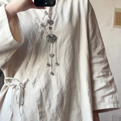 Chinese Style Diagonal Closure Zen Womens Tops Fashion Cotton Linen Asymmetrical Placket Blouse Women Loose Fit Clothes