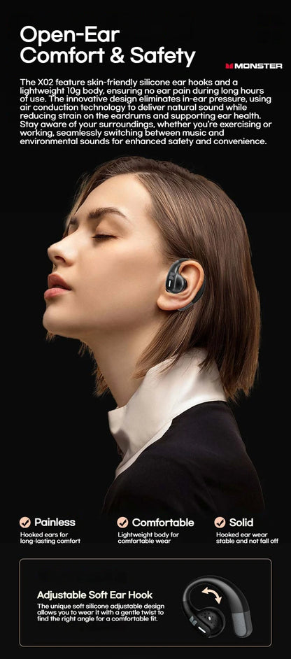 Monster Touch Pro100 OWS Ear Hook Headphones Smart Touch Screen Bluetooth 5.4 Earbuds Open Ear Wireless Earphone Support TF Card