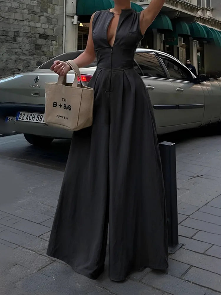 High Waisted Loose Pockets Jumpsuits