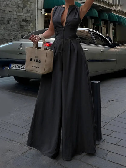 High Waisted Loose Pockets Jumpsuits