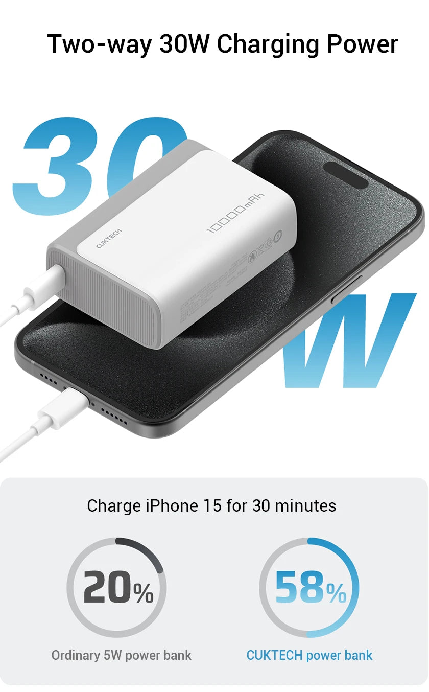 Cuktech Power Bank 10000mAh Pocket Version PB100S USB type C 30W 2-way Fast Charge Mini Powerbank for iPhone 15/14 Xiaomi Huawei