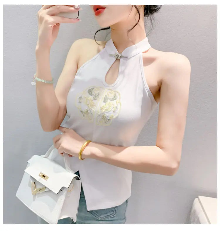 Chinese Style Embroidered Halterneck Vest Ladies Sleeveless Summer Wear Off-the-shoulder Small Suspender Chinese Slim Tank Top