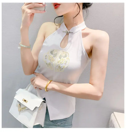 Chinese Style Embroidered Halterneck Vest Ladies Sleeveless Summer Wear Off-the-shoulder Small Suspender Chinese Slim Tank Top