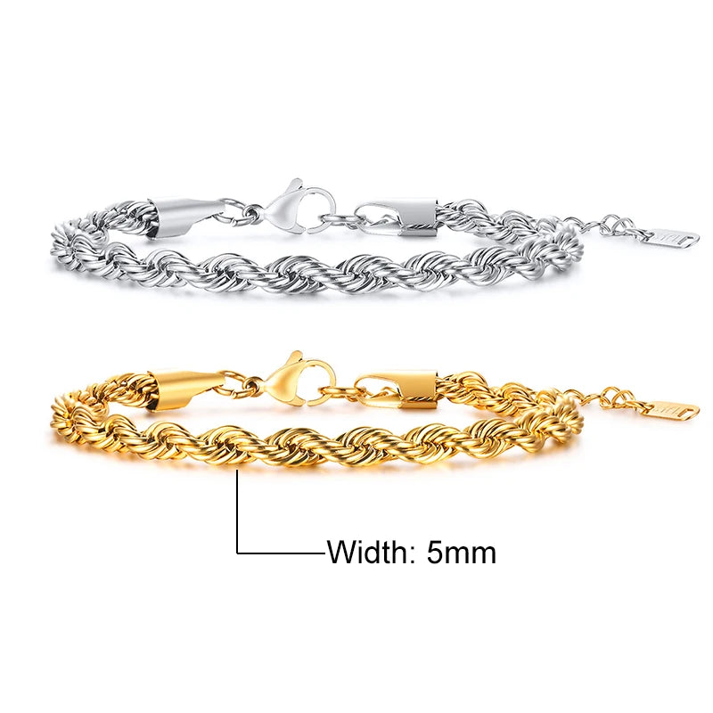 Unisex Rope Chain Bracelets for Men Women, Stainless Steel Twisted Links Chain Bracelet,Simple Classic Jewelry Gift for Him