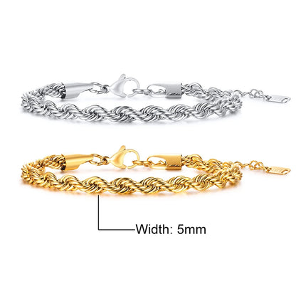 Unisex Rope Chain Bracelets for Men Women, Stainless Steel Twisted Links Chain Bracelet,Simple Classic Jewelry Gift for Him