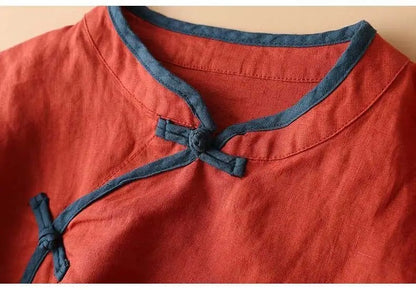 2023 Chinese Style Embroidery Blouse for Women  Summer O-neck Short Sleeve Cotton and  Linen traditional Tang suit Top